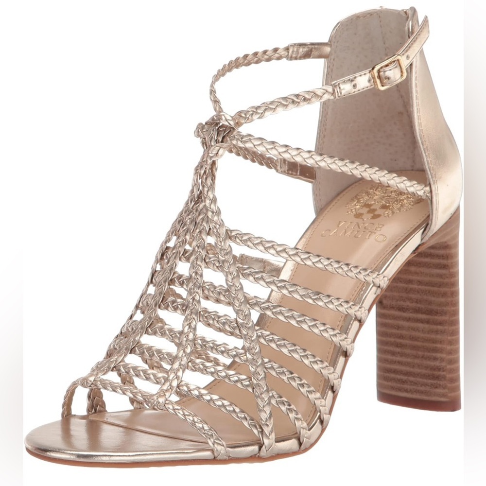 Vince Camuto Metallic Gold Braided Strappy Block Heel Sandals